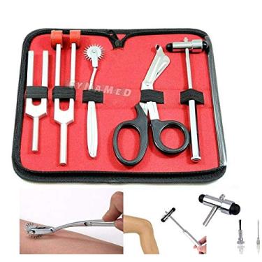 Imagem de Kit de diagnóstico de estudante de 5 peças - Conjunto de martelo e diapasão neurológico reflexo C 128 e C 512. Inclui cata-vento Wartenberg, tesoura de aço premium 19 cm preta