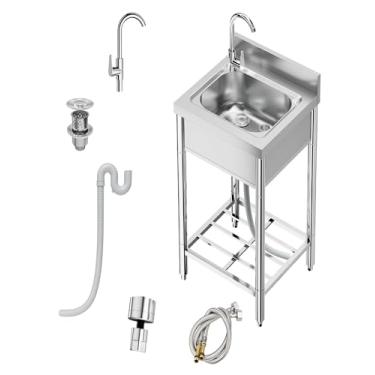 Imagem de GAOMON Conjunto de pia única de cozinha de aço inoxidável utilitário com tubos de água quente e fria, bancada de trabalho e rack de armazenamento para restaurantes, cozinhas, garagens, lavanderias,