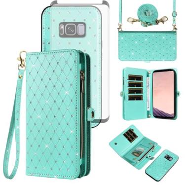 Imagem de Asuwish Capa de celular para Samsung Galaxy S8 Plus com zíper carteira celular com protetor de tela de vidro temperado alça de cordão flip com glitter slot para cartão S8plus S 8 8plus 8S Edge S8+