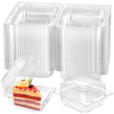 Imagem de TOFLEN Recipientes para fatias de bolo, recipientes para alimentos articulados de plástico transparente quadrados de 100 unidades com tampas, descartáveis ​​para levar bandejas para mini bol