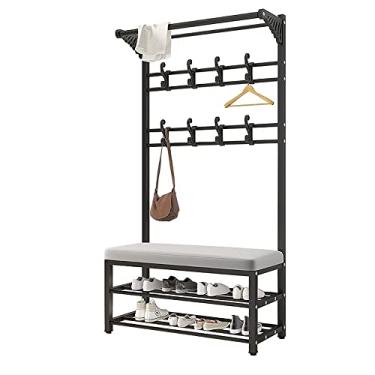 Imagem de Cabide de entrada, banco de sapato, árvore de corredor 3 em 1 com banco de 2 níveis e armazenamento de sapatos, suporte para casaco com moldura de metal e prateleira superior para hall de entrada,