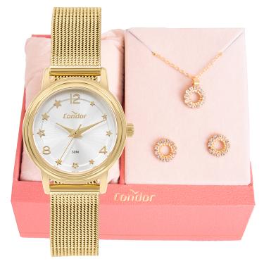 Imagem de Relógio de Pulso Feminino Pequeno Condor Dourado CO2035NEN/K4D Colar e Brincos