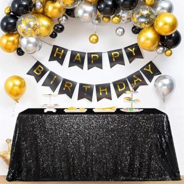 Imagem de SoarDream Toalha de mesa de lantejoulas preta 227 x 380 cm retangular para aniversário, chá de bebê, formatura, decoração de mesa de festa de Halloween para ambientes internos e externos