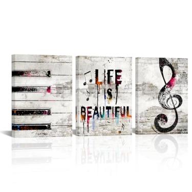 Imagem de iHAPPYWALL 3 peças de arte de parede em tela musical teclas de piano com nota musical pintura de imagem Life is Beautiful citação impressão em tela emoldurada decoração de casa