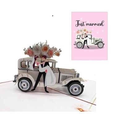 Imagem de ETA Cartão pop-up 3D Just Married – Cartão de felicitações feito à mão com noiva e noivo – Casamento romântico, noivado, aniversário ou presente de noiva – Inclui envelope, W11
