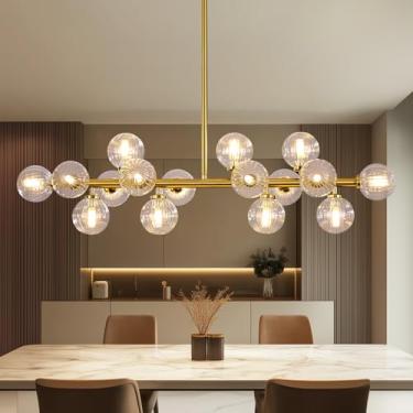 Imagem de PiWWPi Lustre Sputnik De Globo Vidro, Luminária Moderna Meados Do Século Com 16 Lâmpadas Sobre A Mesa, Lustres Lineares Para Sala Jantar, Ilha Cozinha, Latão Dourado E Transparente, 40", Gc-02