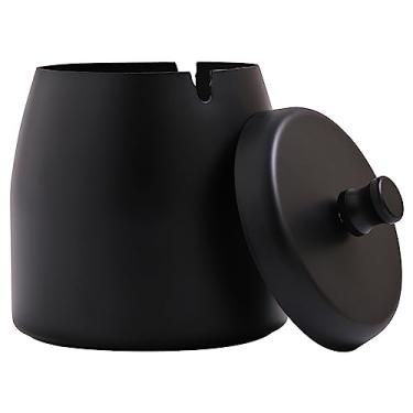 Imagem de Cinzeiro INONE com tampa para cigarro, cinzeiro à prova de vento de aço inoxidável para casa, ao ar livre, Preto, Large