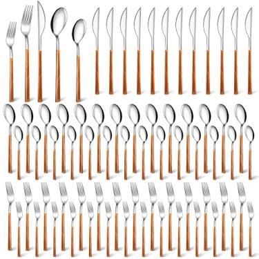 Imagem de Coume Conjunto de talheres de aço inoxidável com cabo de madeira com cabo de imitação de grão de madeira, espelho prateado, polido, lavável na máquina de lavar louça, utensílios domésticos de cozinha