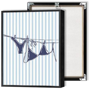 Imagem de Moda verão biquíni lona pôsteres praia azul biquíni arte de parede praia praia menina maiô impressão estética pintura para sala de estar quarto dormitório decoração de parede 30,5 x 40,6 cm sem