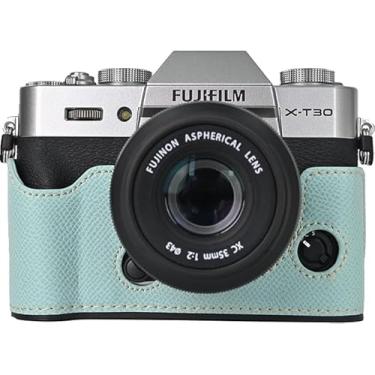Imagem de Capa X-T30, capa BMAOLLONGB feita à mão de couro PU meia câmera versão abertura inferior para Fujifilm X-T30 XT30 com alça de mão (azul)