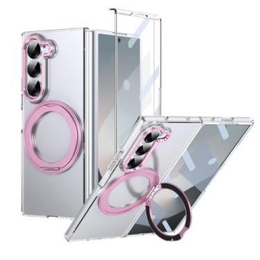 Imagem de YQODSZ Capa para Samsung Galaxy Z Fold 6 com suporte de anel giratório, capa magnética Z Fold6 com protetor de tela, carregamento sem fio, protetor de câmera, capa de policarbonato transparente para Z