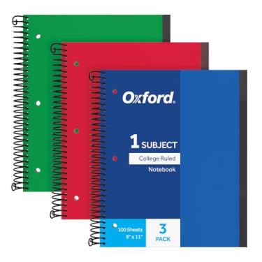 Imagem de Oxford Caderno espiral pacote com 3, 1 matéria, diário universitário, capas de plástico duráveis, 1 bolso, 21,6 x 28 cm, 100 folhas, azul, vermelho, verde, pacote com 3 (89801)