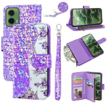 Imagem de Dibosom Capa carteira floral para Motorola G35 com alça de pulso alça de ombro flip zíper bolsa porta-cartão, suporte de couro PU de luxo brilhante brilhante brilhante capa de celular para mulheres