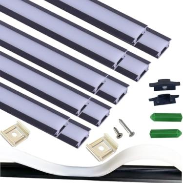 Imagem de Pacote com 10 tiras embutidas, canal preto com difusor contínuo de silicone, capa leitosa flexível sem costura, faixa de fita de LED, estante de livros, perfil baixo de alumínio embutido (10, preto)