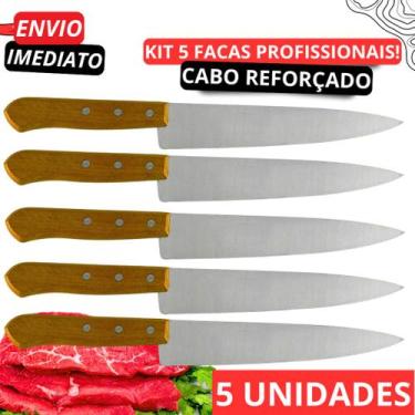 Imagem de 5 Facas - 7 Pol - 30,3 cm - Reforçadas Profissionais Cabo de Madeira L