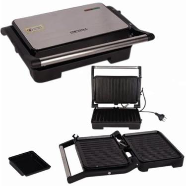 Imagem de Sanduicheira e Grill Elétrica,1000W, Placas Antiaderentes Fácil de Limpar, Inox e Preto, 127V Chapa Ondulada Grelha Hamburguer Carne Sanduíche