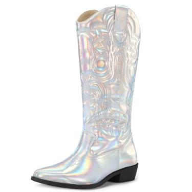 Imagem de mysoft Botas femininas caubói cano médio vaqueira bordada, bico fino, salto grosso, sem cadarço, cano alto, Prata iridescente metálica, 36