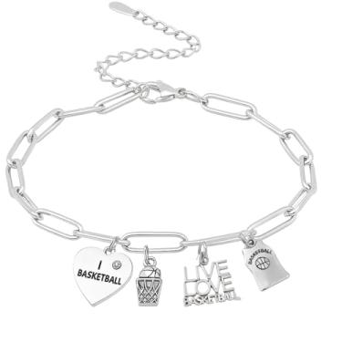 Imagem de Sportybella Pulseira de aço inoxidável prata com pingente de basquete – Corrente ajustável com pingentes I Love Basketball, Hoop, Live Love Basketball & Foam Finger Charms – Presente para fãs e