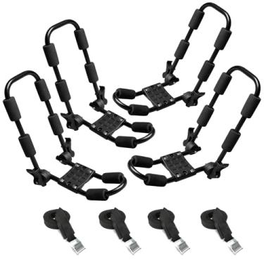 Imagem de Rack de teto dobrável para caiaque para carro comporta 2 caiaques – Kayak J Bar para canoa, prancha de surf, SUP – Suporte de suporte J Kayak no telhado com 4 tiras de amarração, serve para SUVs