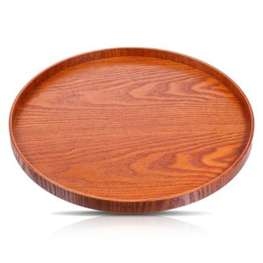 Imagem de Bandeja de madeira redonda de 33 cm, pratos de servir, peça central, suporte de vela, organizador para cozinha, bancada, tábua de charcutaria, mesa de café, decoração de casa