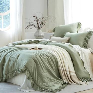 Imagem de softpage Conjunto de edredom Queen com babados verde sálvia, poliéster pré-lavado, leve e macio, 1 edredom e 2 fronhas, todas as estações