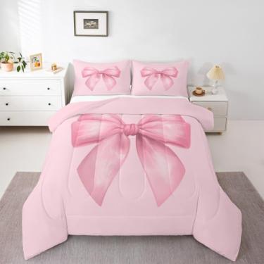 Imagem de Feelyou Conjunto de edredom com laço rosa para todas as estações, fofo, com 1 fronha, microfibra, estilo preço, roupa de cama kawaii, decoração de quarto, edredom respirável, macio e leve