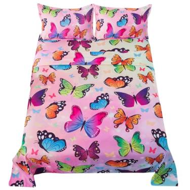 Imagem de ADASMILE A & S Jogo de cama casal infantil com borboleta colorida, incluindo 1 lençol com elástico, 1 lençol de cima, 2 fronhas, microfibra macia, decoração de casa para todas as estações