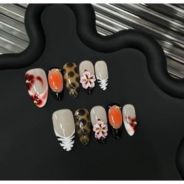 Imagem de Press on Nails, estampa de leopardo mais vendida com flores 3D - Merri