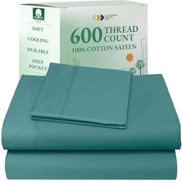 Imagem de California Design Den Conjunto de lençóis de solteiro para resfriamento - Luxuoso 600 fios 100% algodão, trama de cetim, conjuntos de lençóis duplos de algodão com bolso profundo, roupa de cama de