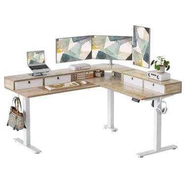 Imagem de TIQLAB Mesa de pé em forma de L 160 x 139 cm altura ajustável, mesa de canto elétrica com 4 gavetas e prateleira superior, mesa de computador com suporte para sentar com placa de emenda, bordo