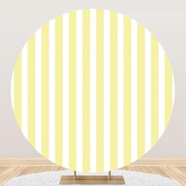 Imagem de DORCEV Capa de fundo redonda listrada amarela e branca de 2 x 2 m, pano de fundo com listras amarelas e círculos para recém-nascidos, chá de bebê, festa de aniversário, banner, decoração de crianças