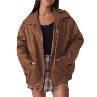 Imagem de Jaqueta feminina FSVABY de material sintético de tamanho grande, marro