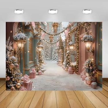 Imagem de AIBIIN 2,1 x 1,5 m pano de fundo de rua de neve de inverno rosa loja de Natal fotografia fundos de inverno decoração de casa de árvore de Natal