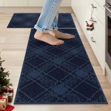 Imagem de COSY HOMEER Conjuntos de tapetes e tapetes de cozinha, 2 peças, tapetes de cozinha macios antiderrapantes para o chão, absorvente e resistente a manchas, tapetes xadrez laváveis para cozinha, 51 x 81