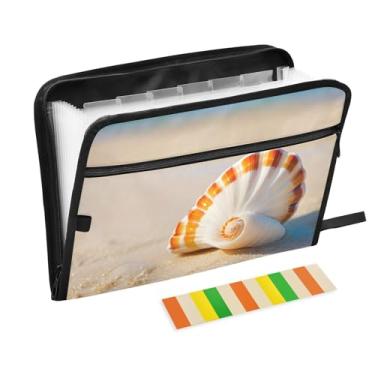 Imagem de CEBUGI Pasta expansível de 13 bolsos, impermeável, sanfonada, organizador de arquivos com etiquetas tamanho A4, organizador de documentos de papel para escola, escritório, padrão de concha