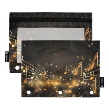 Imagem de Wassud Bolsa de lápis para fichário de 3 anéis, bolsa de lápis transparente com zíper suave, nota musical, dourado, preto, estojo para fichário, pacote com 2