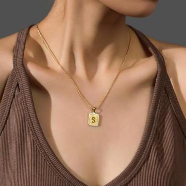 Imagem de Colar feminino banhado a ouro 14K - Colar delicado com pingente de inicial A-Z, colar hipoalergênico que não mancha, joia inicial com nome personalizado, 17.72", Aço inoxidável, Sem Pedra Preciosa