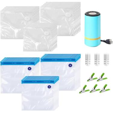 Imagem de Pacote com 39 sacos de vedação a vácuo sem BPA com bomba de ar – Sacos reutilizáveis de armazenamento de alimentos em 3 tamanhos, com/sem válvula – Seguro para micro-ondas e freezer para preparação e
