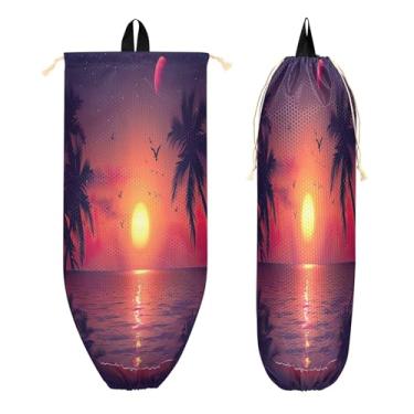Imagem de xigua Suporte para saco plástico pôr do sol com palmeiras, suporte de parede com cordão, 1 pacote, organizador de sacolas de supermercado reutilizável para bolsas, meias, roupas íntimas e gravatas