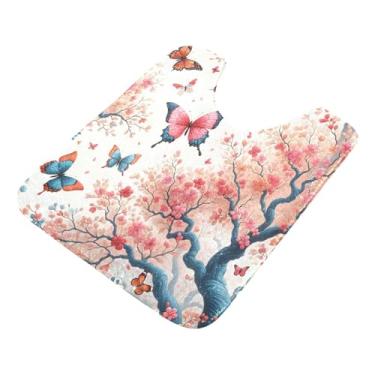 Imagem de Burbuja Tapete de banheiro Butterflies Trees, tapete de banho absorvente de pelúcia macio, base de vaso sanitário antiderrapante para piso de banheiro, oval em forma de U