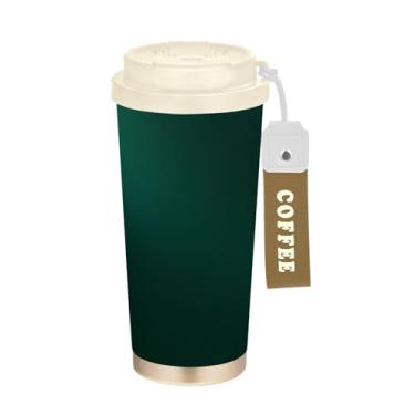 Imagem de YETTASBIN Caneca de café Hunter Green com isolamento térmico de 482 g com tampa canudo, copo à prova de derramamento e vazamento com alça para bebida quente e fria, garrafa de água de aço inoxidável