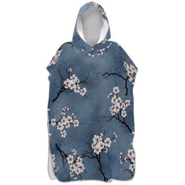 Imagem de Joisal Roupão de mudança de poncho de surfe para adultos toalhas de banho com capuz reutilizáveis homens mulheres poncho com capuz branco flores de cerejeira azul cinza