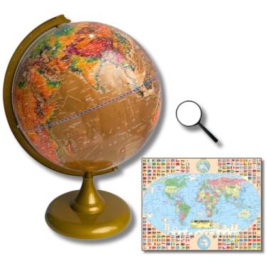 Imagem de GLOBO TERRESTRE FÍSICO HISTÓRICO BASE E RÉGUA OURO VELHO 30CM + LUPA + MAPA MUNDI GIGANTE