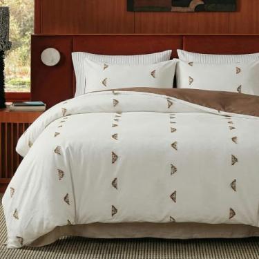 Imagem de Cozaline Capa de edredom 100% algodão tufado tamanho king, conjunto de cama boho bordado com fronhas, 3 peças, capa de edredom de algodão natural macio respirável e minimalista, design marrom neutro