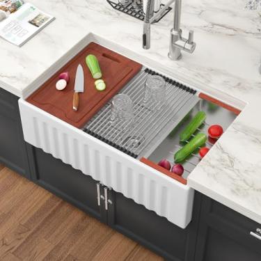 Imagem de Pia de fazenda branca avental branco 83 polegadas frontal cerâmica estação de trabalho pia de fazenda avental reversível refratário tigela única pia grande fazenda profunda pia de cozinha com