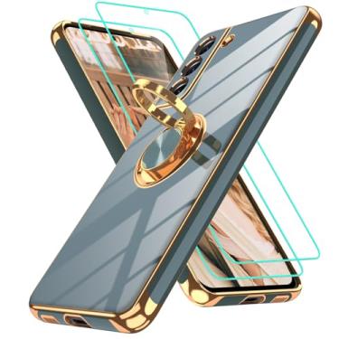 Imagem de Gritup Capa para Samsung Galaxy S21 FE | 2 peças protetoras de tela | Suporte magnético de rotação de 360°, capa protetora à prova de choque de TPU macio com borda dourada banhada a ouro para S21 FE