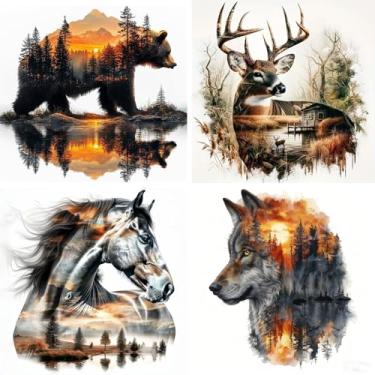 Imagem de Pacote com 4 kits de pintura de arte de diamante para adultos, 5d animais da floresta, broca completa, urso, cavalo, tinta, com diamantes, para iniciantes e crianças, kits de artesanato (30 x 30 cm)