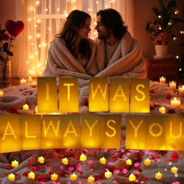 Imagem de It was Always You Light Up Letters Luminary Bags, Special Night Romantic Decoration with Bright LED Candles and Fake Rose Petals, Valentine's Day, Happy Birthday, Proposal Decoration