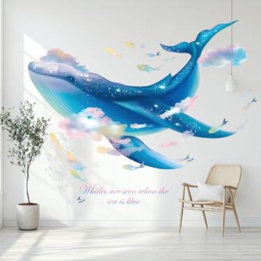 Imagem de Adesivos de parede de baleia grande, adesivos de parede da vida marinha sob o mar removíveis de vinil para quarto de crianças, quarto de estar, sala de jogos, decoração de mundo subaquático (azul)