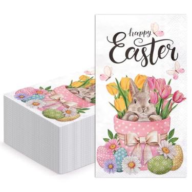 Imagem de WRAPAHOLIC 50 guardanapos de papel de Páscoa - Toalhas de mão descartáveis de coelho floral tulipa de 3 camadas para banheiro, primavera, aniversário e chá de bebê - 11 x 19 cm